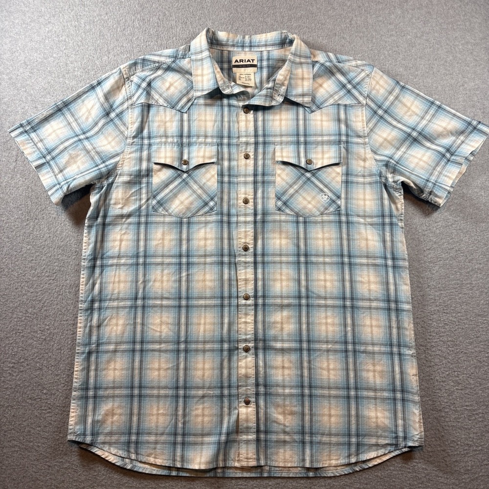 ARIAT Retro Fit Mens Short Sleeve Button Up Sz XLT Snap Button Blue White Plaid